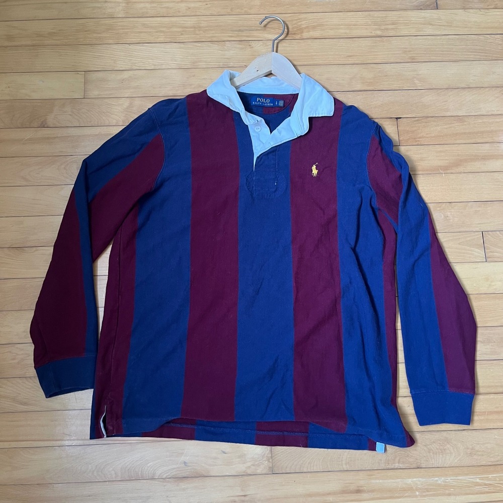 Polo Ralph Lauren Mens Rugby Shirt Large Burgundy Navy Blue Striped Long Sleeve